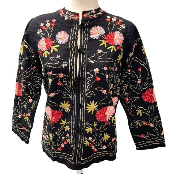 Vintage BFA Classics Cotton Flax Floral Embroidered Jacket Art to Wear SP - Picture 1 of 7